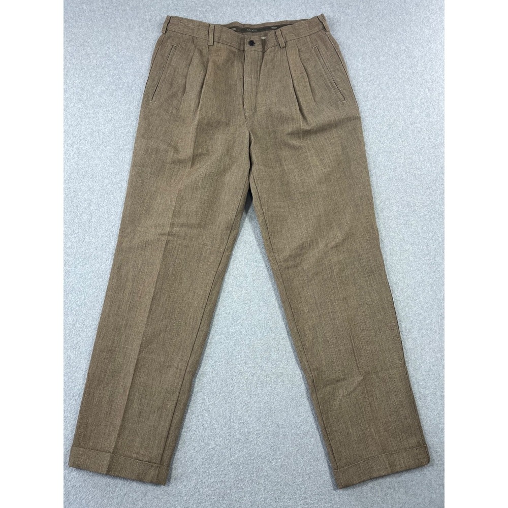 Savane Pants Mens 36x32 Brown Linen Blend Classic Fit Pleated Straight Leg